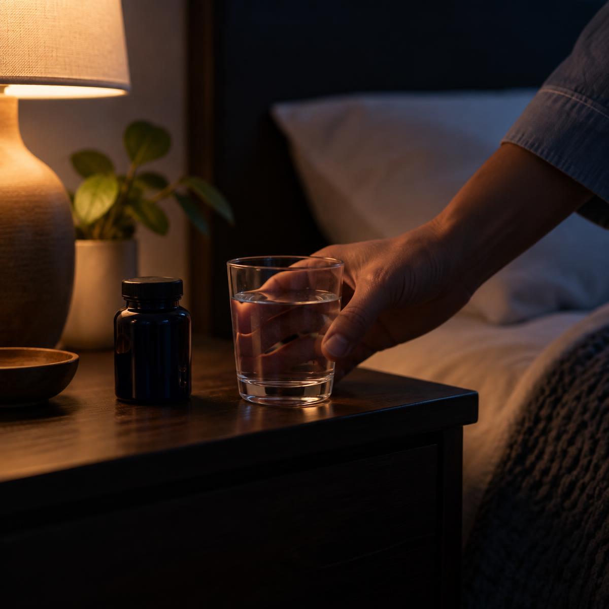 A hand setting a glass of water on a nightstand beside a supplement bottle at night
